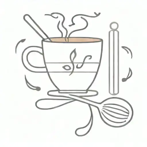 A Minimalist Tattoo Of A Coffee Cup And Music Notes Blending Into A Spatula And Whisk