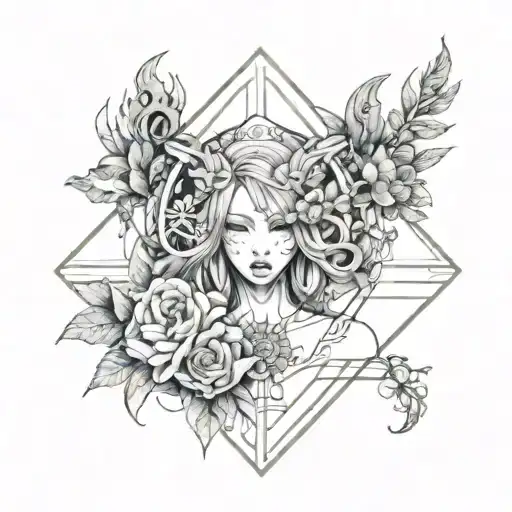 A Dotwork Tattoo Of A Mystical Anime Character With Animal Companions And Floral Elements