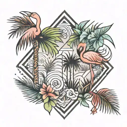 Small Tattoo With A Palm Tree With Geometric Design And A Flamingo With Leaves And A Small Parrot