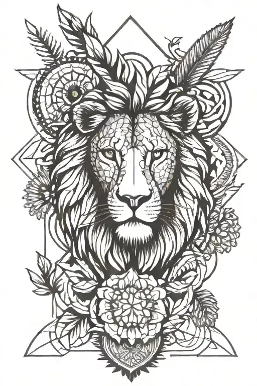 Lion Head And Phoenix And Protea And Geometric Design Incorporating