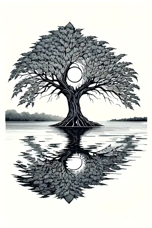 Willow Tree With Sun And Lake Reflecting