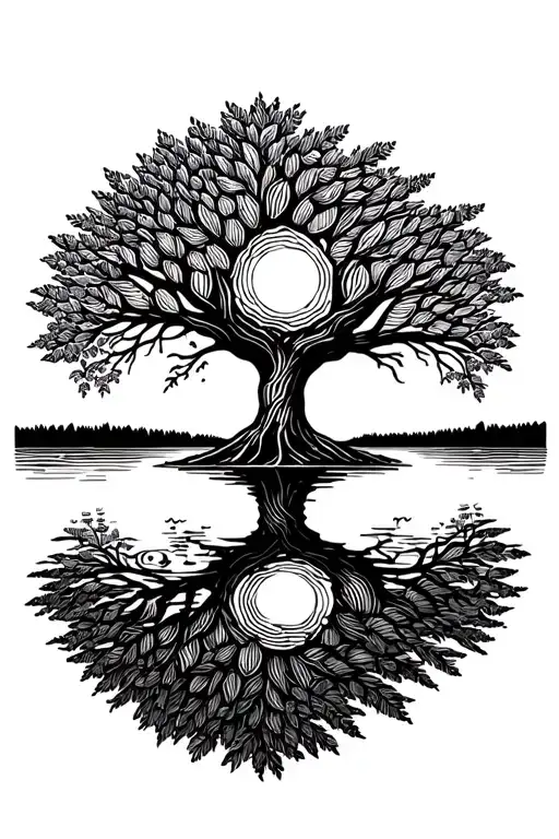 Willow Tree With Sun And Lake Reflecting