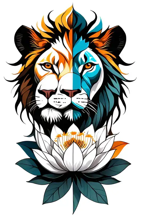 Half Lion Head Half Lioness Head With Lotus Flower In Black Grey Scale