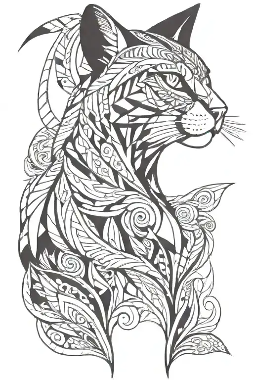 Stylized Feline Half Face With Flourishes And An Arrow Running Through It From Top To Bottom