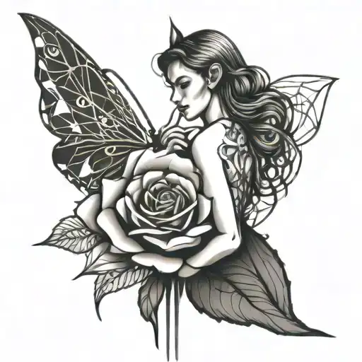 Fairy Leaning On The Stem Of A Rose
