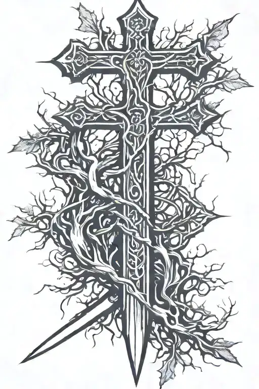 Sword With A Cross Like Hilt With Blade Point Turning Into Tree Roots