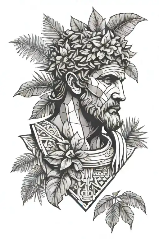 Bust Of A Roman Warrior Surrounded By Tropical Plants
