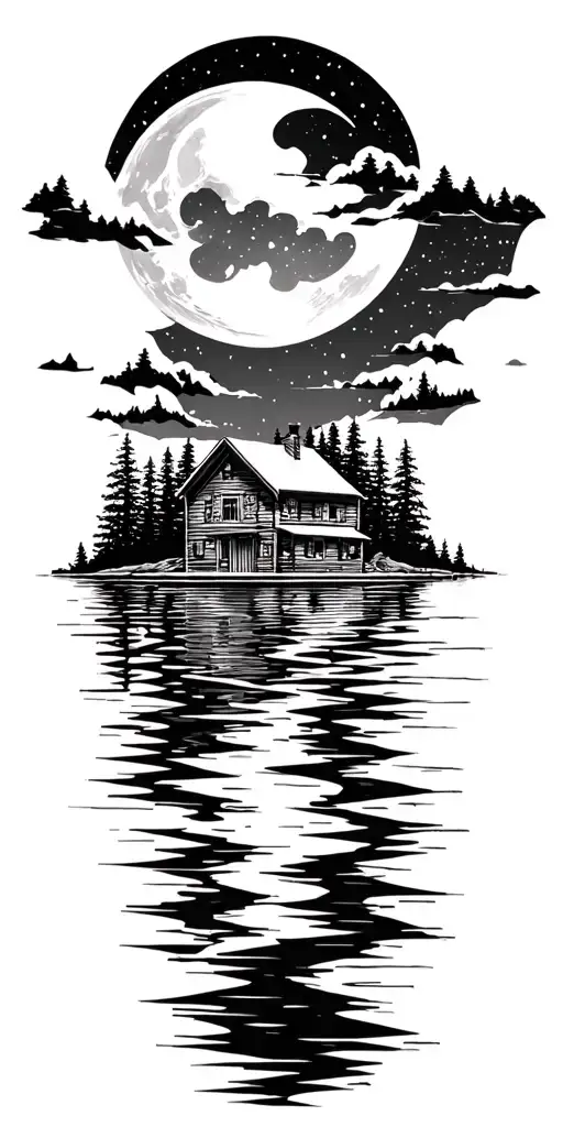 Cabin On A Lake Under A Moon