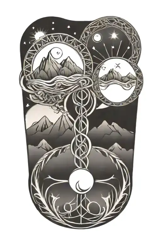 Double Helix Intertwined With The Sun And Moon And Mountains