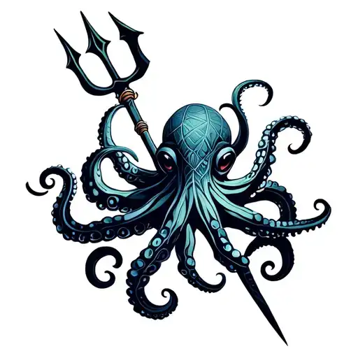 Octopus Holding A Trident With Tentacle
