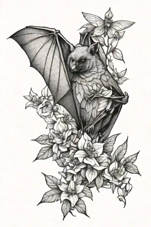 Roosting Fruit Bat With Flowers
