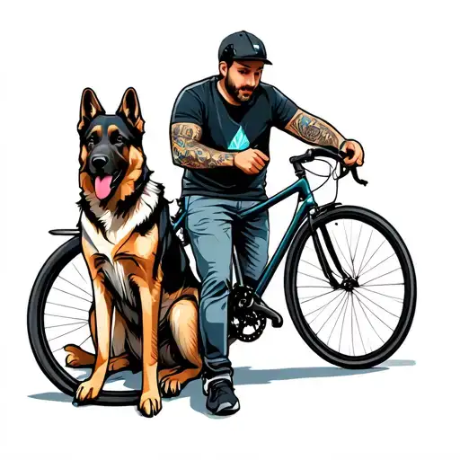 A Bike And A German Shepherd With A Man Holding