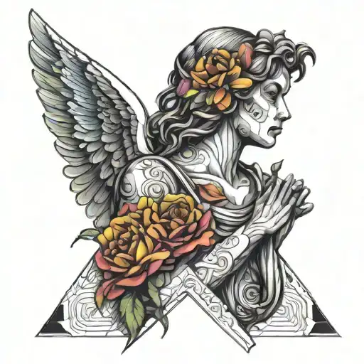 Rainbow Behind An Angel Holding A Rose Flower Growing