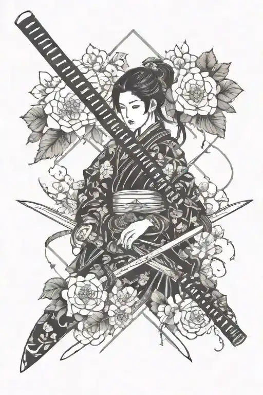 Wakizachi And Katana And Japanese Flowers With Katana