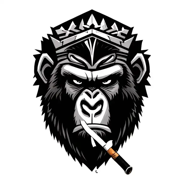 Crowned Angry Gorilla Face Wearing African Armor Smoking Cigarette
