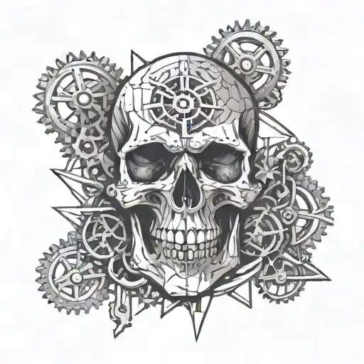 Skull And Gears With Cross Hatching
