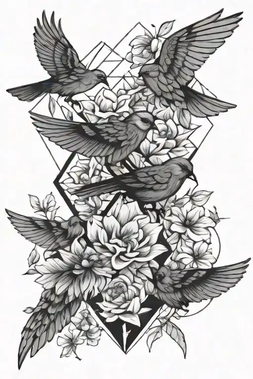 Flowers And Birds Flying Together Symbolizing Strength