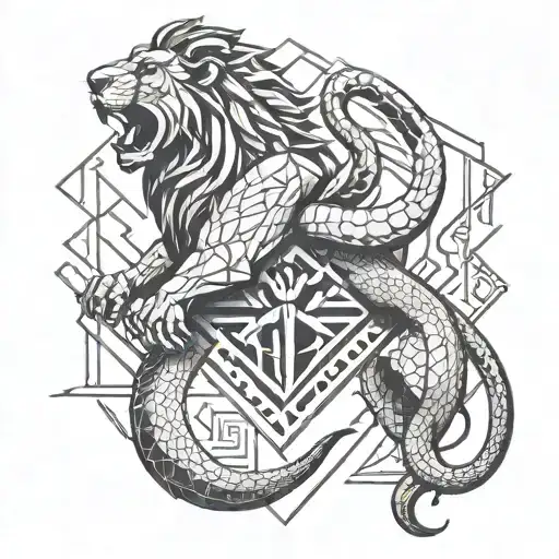 Muscular Lion Fighting Snake Coming From Heart