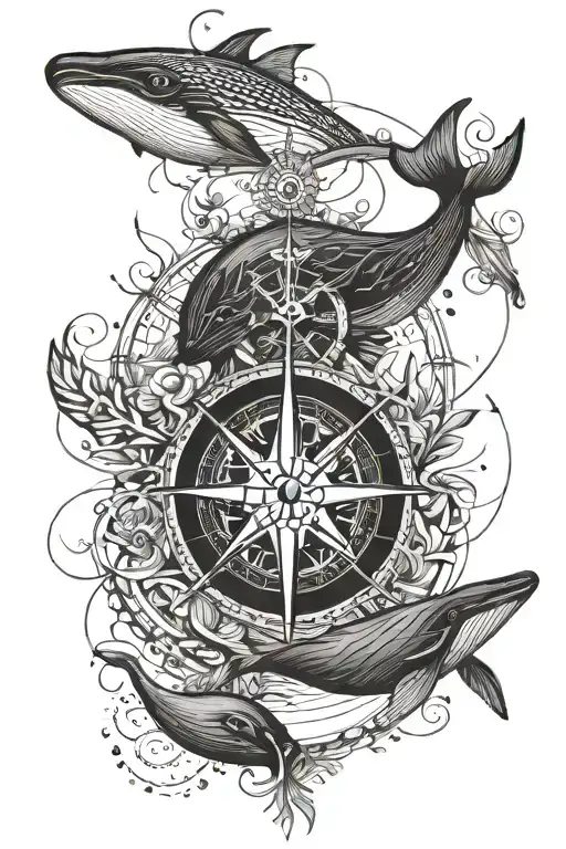 Whale And Crown And Compass Rose Intertwined