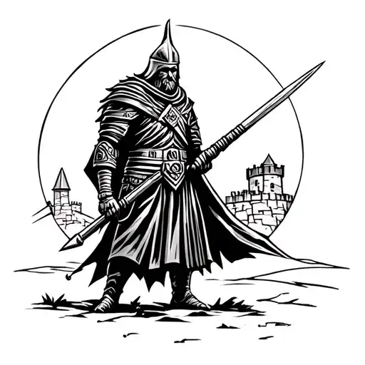Lone Warrior With Fort In Background Tattoo Design