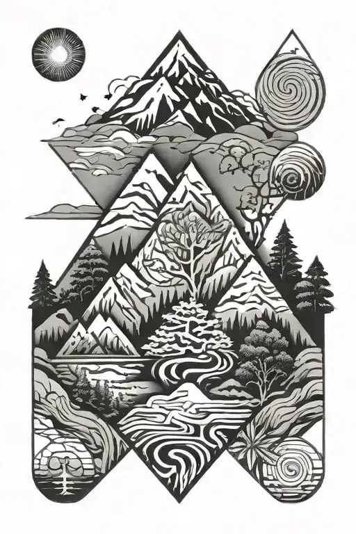 Tree And Mountains And River Flowing