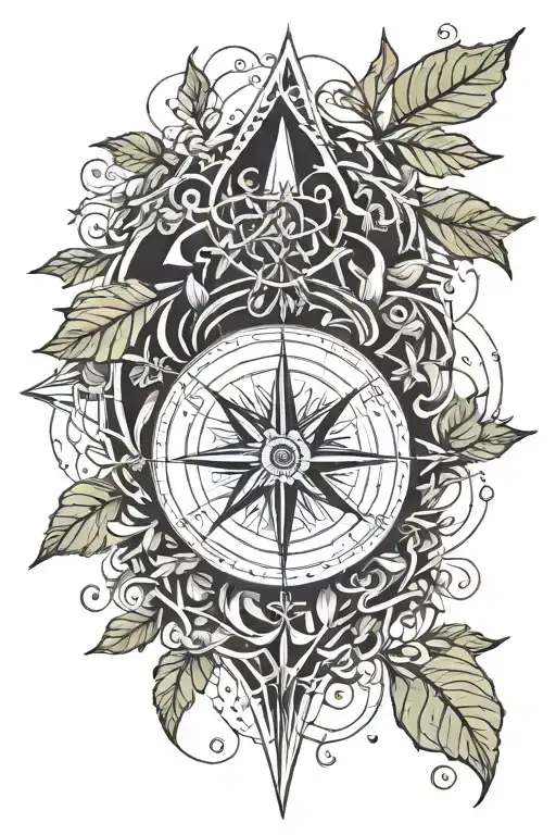 Compass And Eggplant Branches And Leaves And Linear Waves