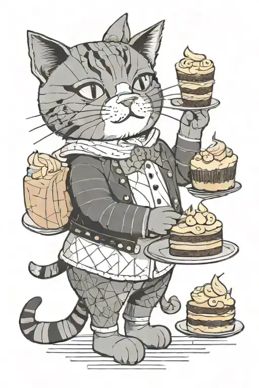 Cat Wearing Pants Holding Cakes And A Potato