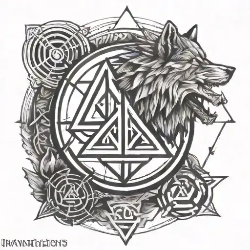 Vegvisir Symbol On Top With Valknut Symbol Below And Wolf Head In Simple Lines