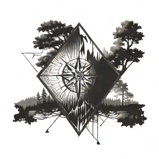 Create A Tattoo In A Diamond Shape With Mountains And Wood And Add Compass Needles To The Edges