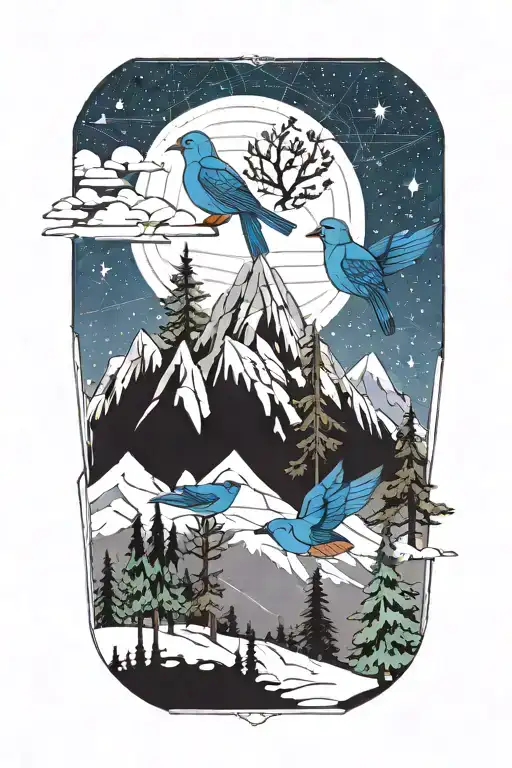 White Pine Trees With Mountain Blue Birds With Night Sky In The Background