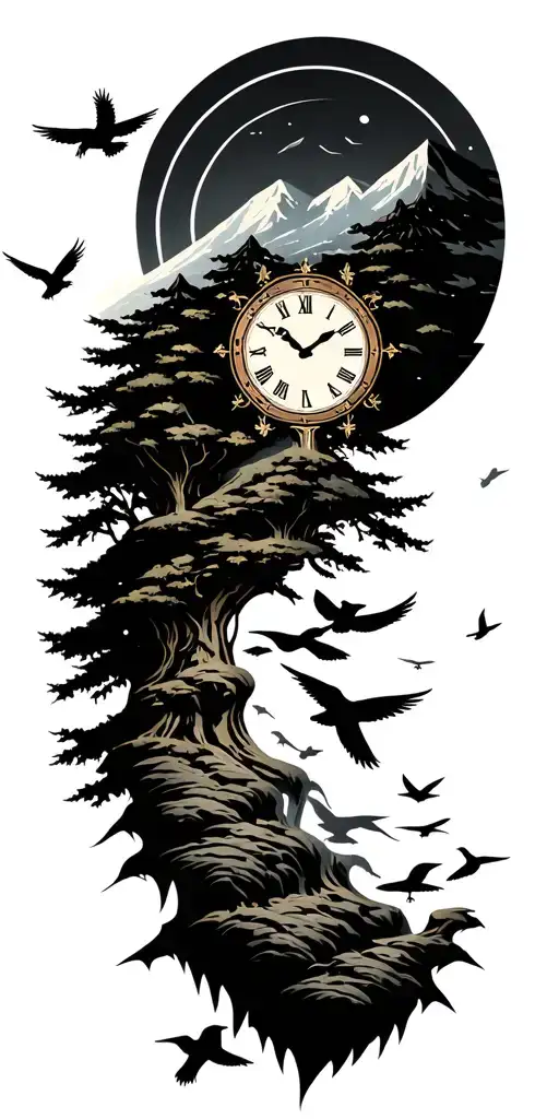 Moutains Tree Clock Birds Flying