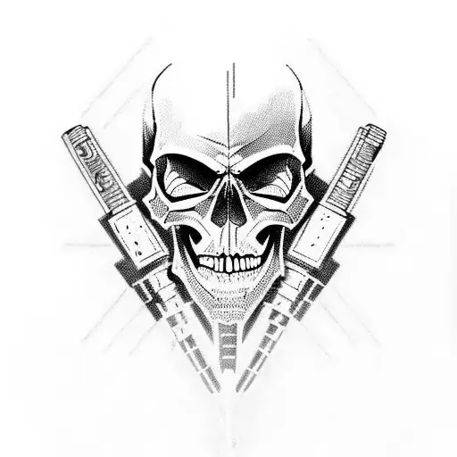 Skull With Sabers In Cyberpunk Style