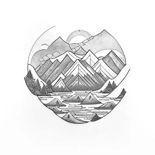 A Realistic Tattoo Of A Serene Landscape With Mountains And A Flowing Music Sheet As A River
