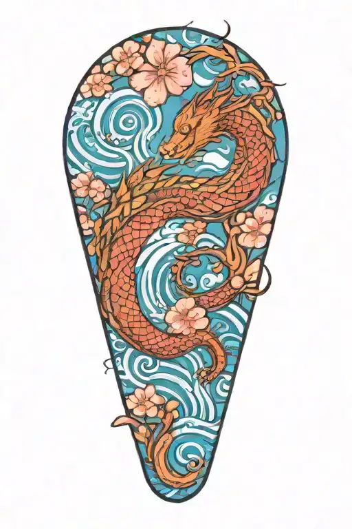 Water Dragon With Waves And Cherry Blossom Tree Growing
