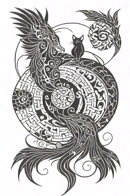 A Phoenix And Cat Intertwined In A Yin Yang Symbol