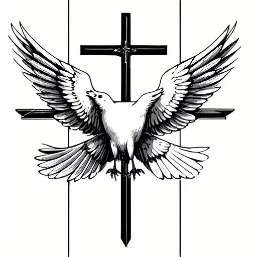A Christian Cross In Straight Line And In Front Of A Dove Which Has Its Wings Deployed