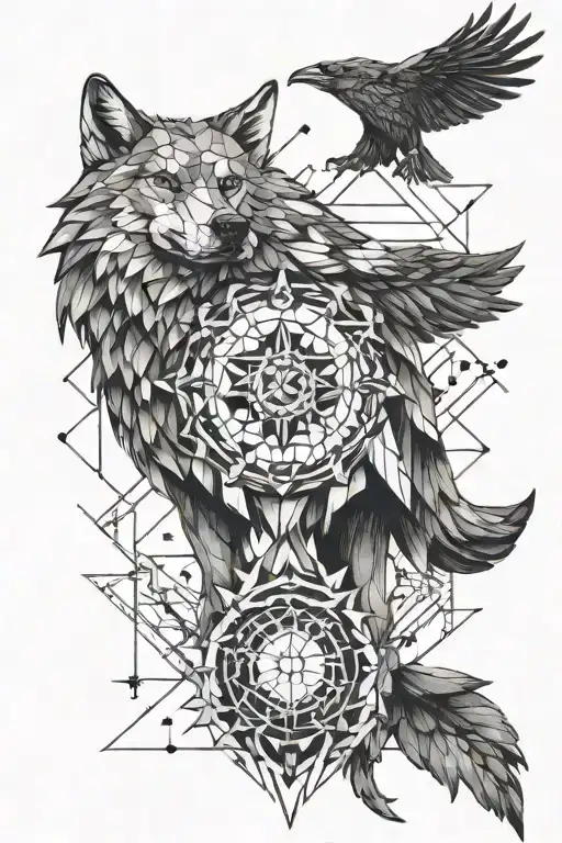 Wolf And Raven Fusion Tattoo Design Combining