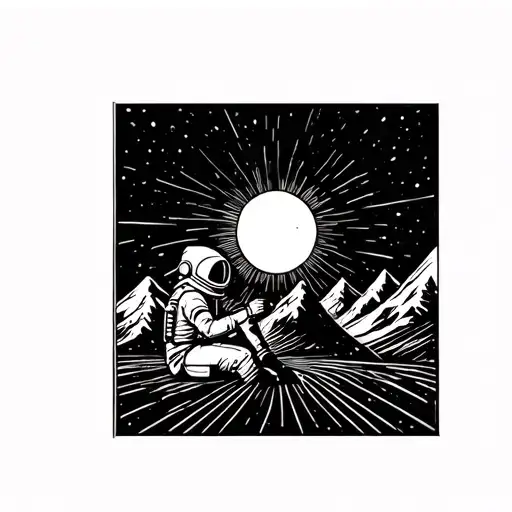Mountains With A Sun And An Human Astronaut Sitting