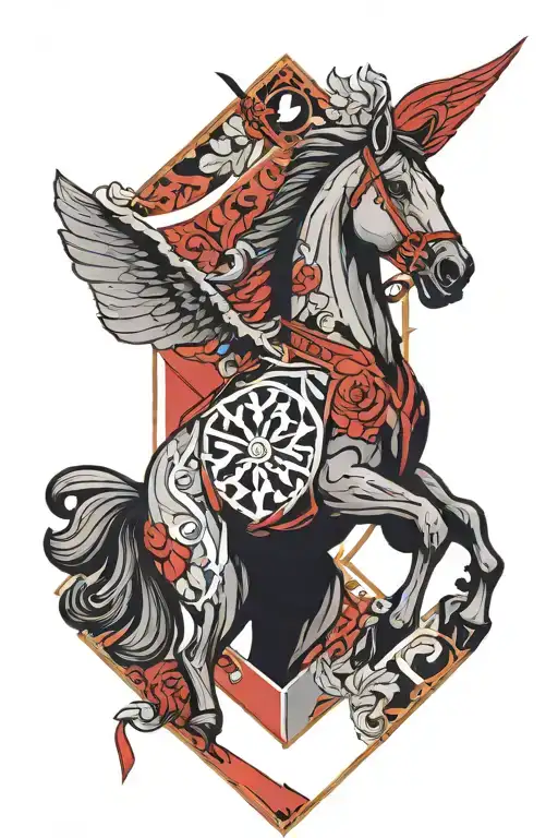 Invictus Horse Jumping With Red Cardinal Perched Shield With Cornus And Rose