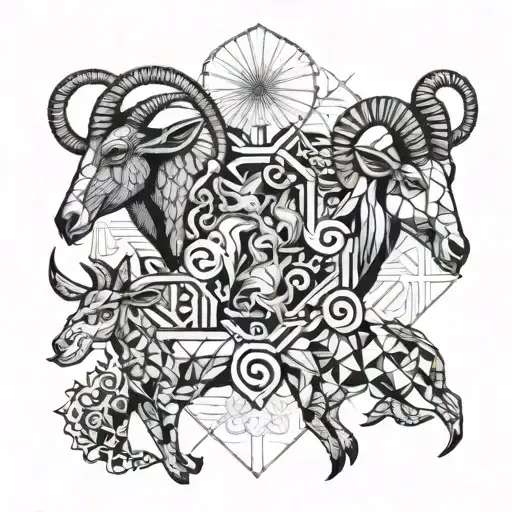 Sea Goats Surrounded By Pisces Fish