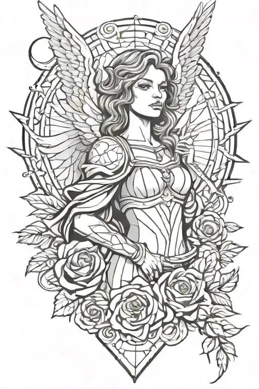 A Female Angel As A Warrior With Some Clouds And A Rose For A Halfsleeve