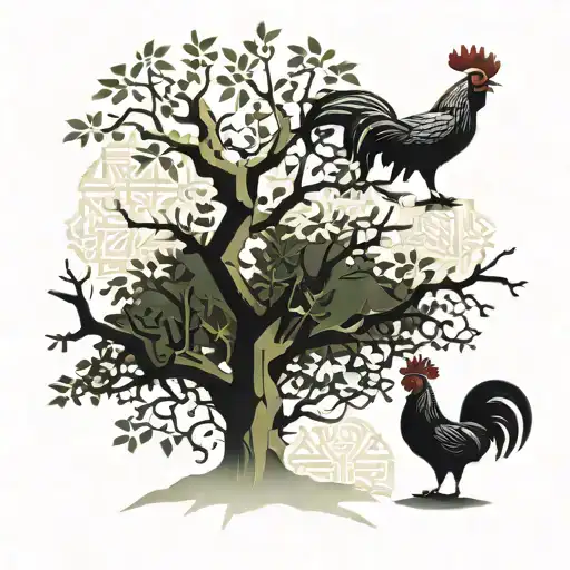 Oak Tree On Meddow With E Owels On Branch And Rooster Under The Tree