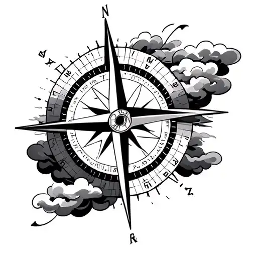Black And White Compass With Clouds Surrounding That Can Transition Into Another