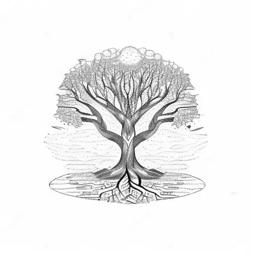 Tree With Roots Reaching Down Symmetrical To Length Of The Tree