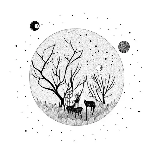 Forest With Night Sky And Deer