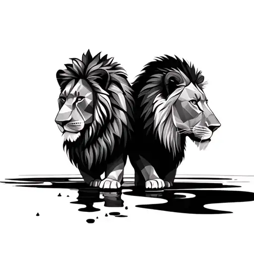 Two Lion Looking In A Puddle