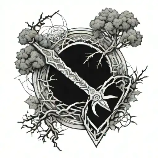 Knee Tatto With The Broken Blade Of Narsil And A Tree Growing From The Top Of The Handle