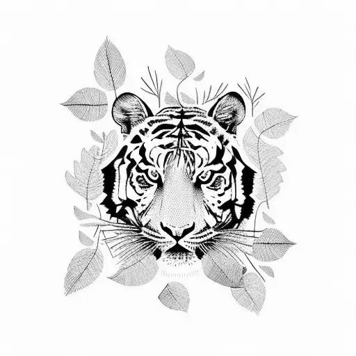 Tiger Head Surrounded By Jungle Leaves