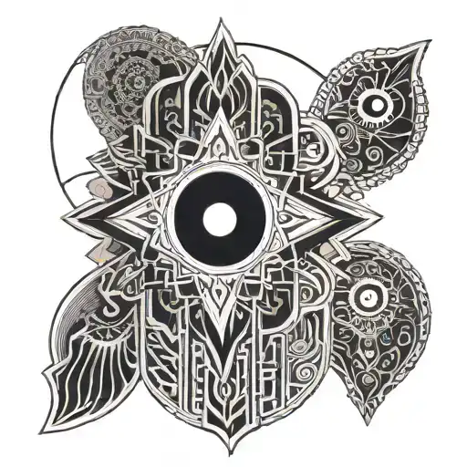 Hamsa And Sea Holding The Sun And Seen In Profile