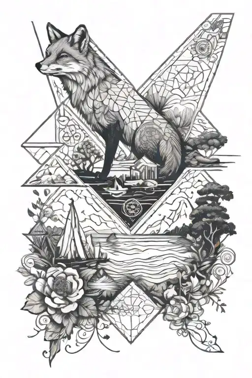 A Back Tattoo Showing A Fox And Different Scenes Of Landscapes And Nautic Symbols